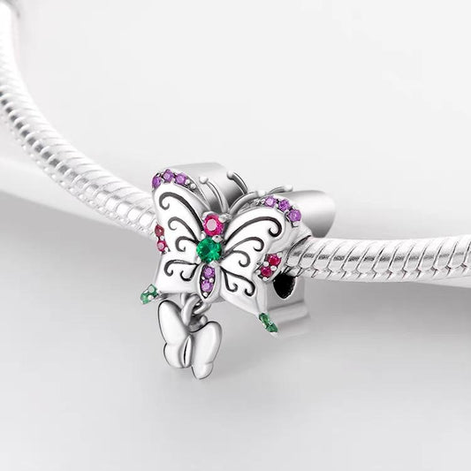 Double Butterfly Filigree Multicolor CZ Dangle Charm