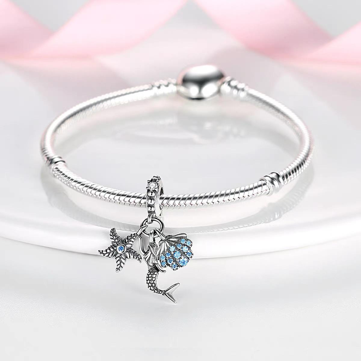 Ocean Trio Mermaid Starfish Shell Blue CZ Dangle Charm