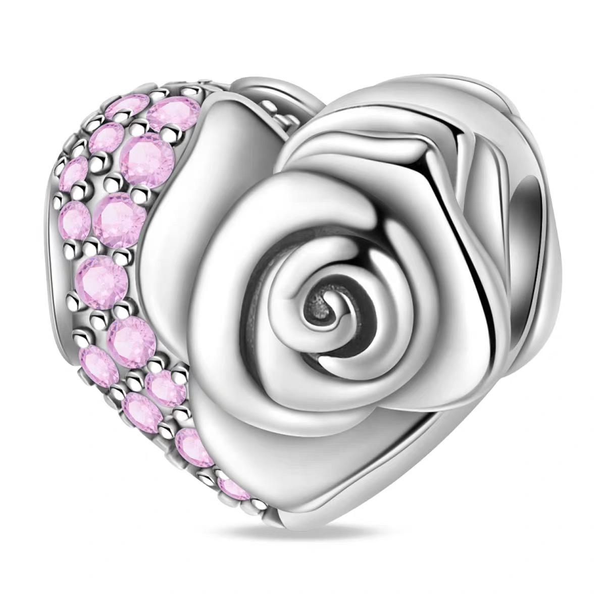Silver Rose Heart Bead Charm