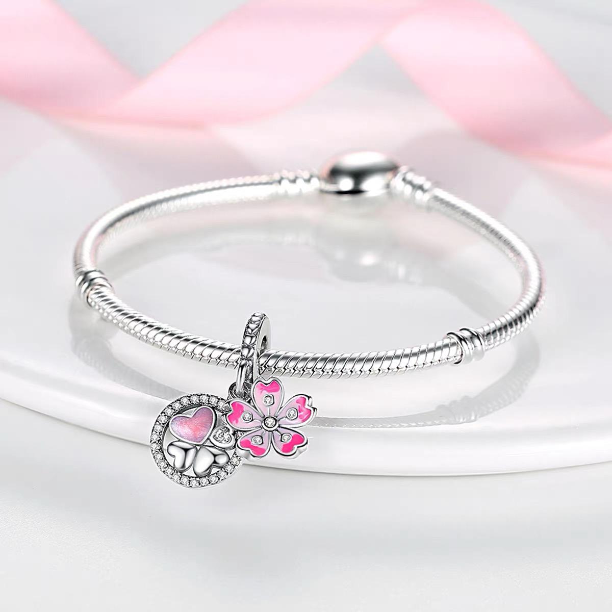 Cherry Blossom & CZ Heart Circle Dangle Charm