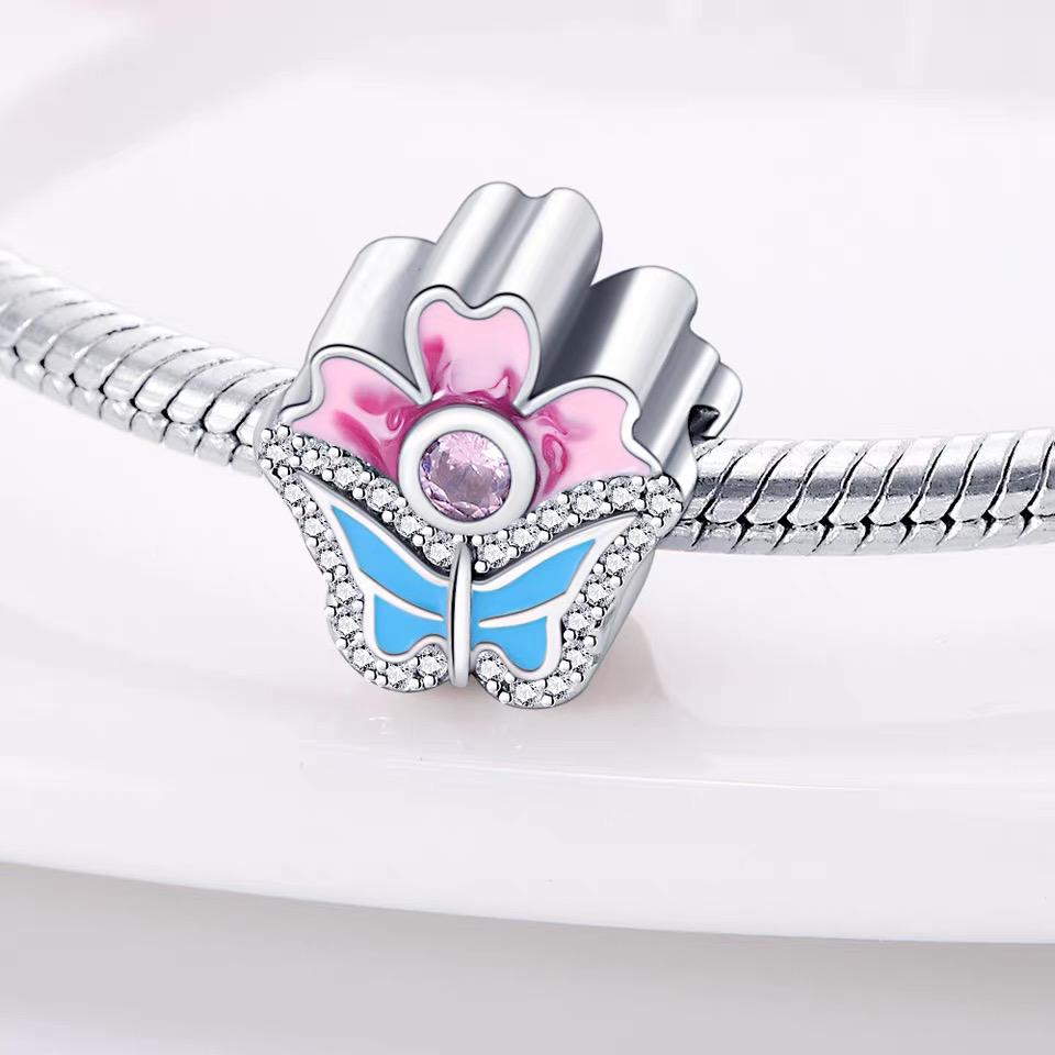 Pink Flower & Blue Butterfly Pavé CZ Clip Charm