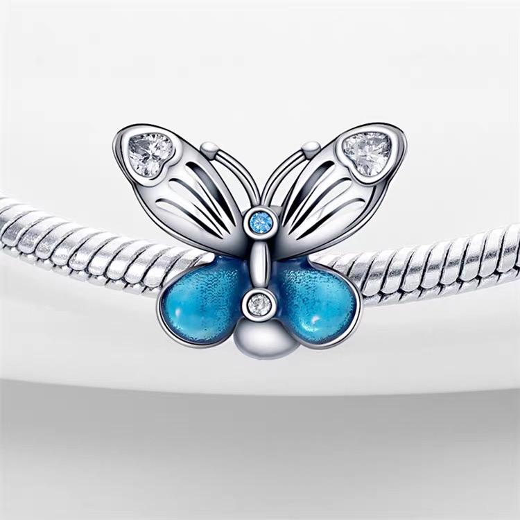 Blue Butterfly Openwork Heart CZ Bead Charm
