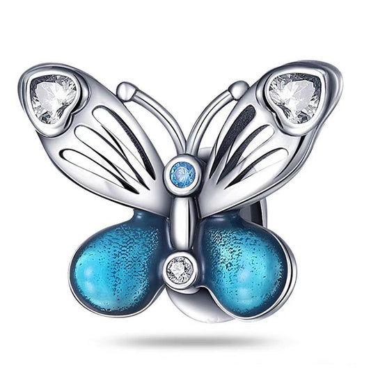 Blue Butterfly Openwork Heart CZ Bead Charm