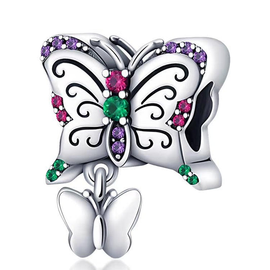 Double Butterfly Filigree Multicolor CZ Dangle Charm