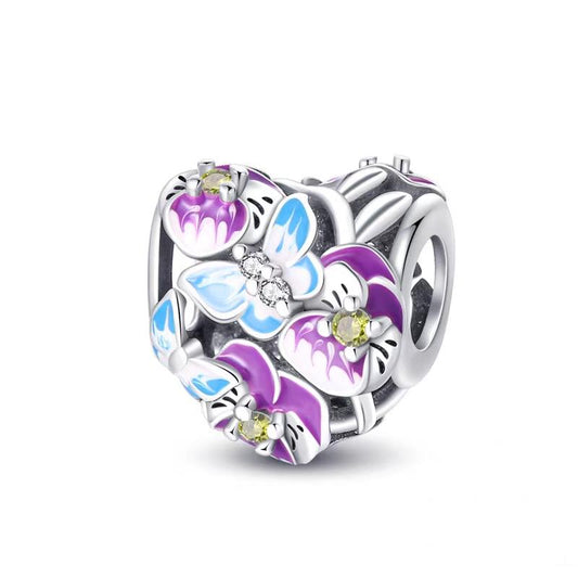 Purple Floral Garden Heart Enamel CZ Bead Charm