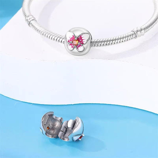 Pink Butterfly White Enamel Orange CZ Round Bead Charm