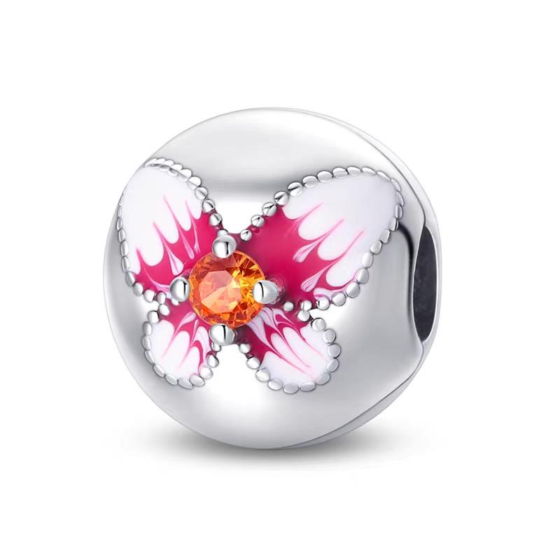 Pink Butterfly White Enamel Orange CZ Round Bead Charm