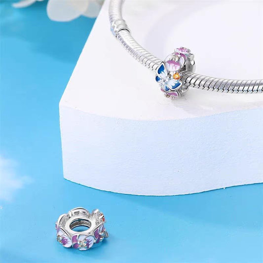 Blue Butterfly & Pink Flower Multicolor CZ Spacer Bead Charm
