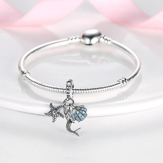 Ocean Trio Mermaid Starfish Shell Blue CZ Dangle Charm