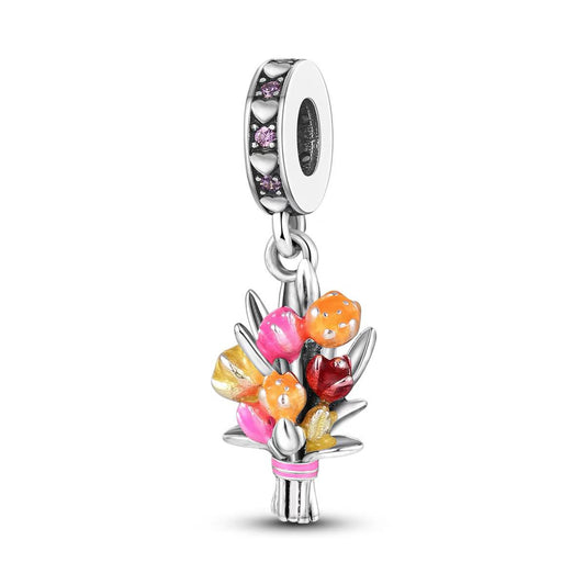 Multicolor Tulip Bouquet Pink CZ Dangle Charm