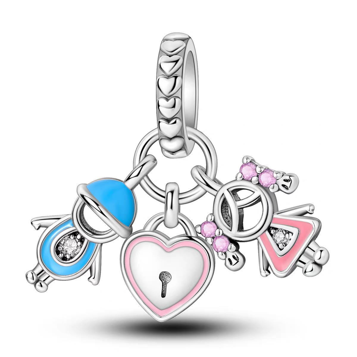 Boy Girl & Heart Lock Triple Dangle Charm