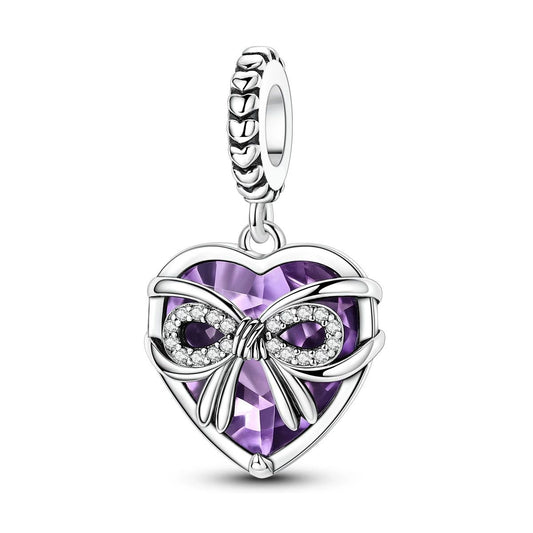 Amethyst Heart & Ribbon Bow Dangle Charm