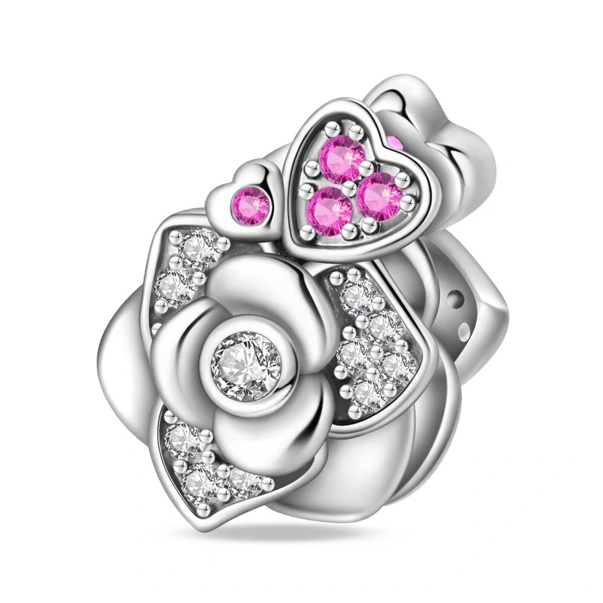 Rose & Pink CZ Heart Crown Bead Charm