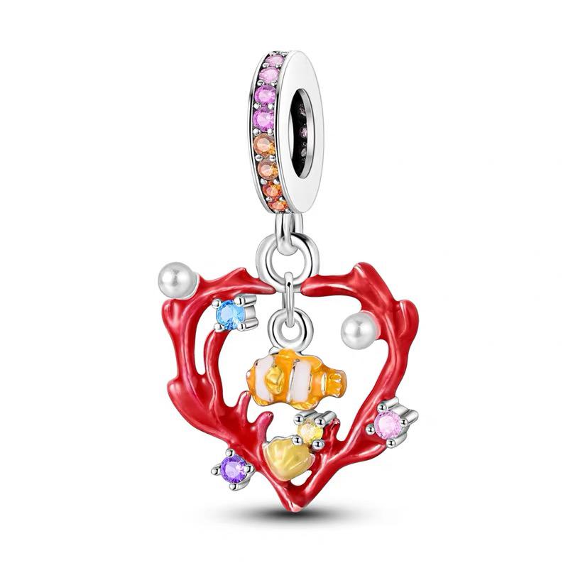 Red Coral Heart & Clownfish Dangle Charm