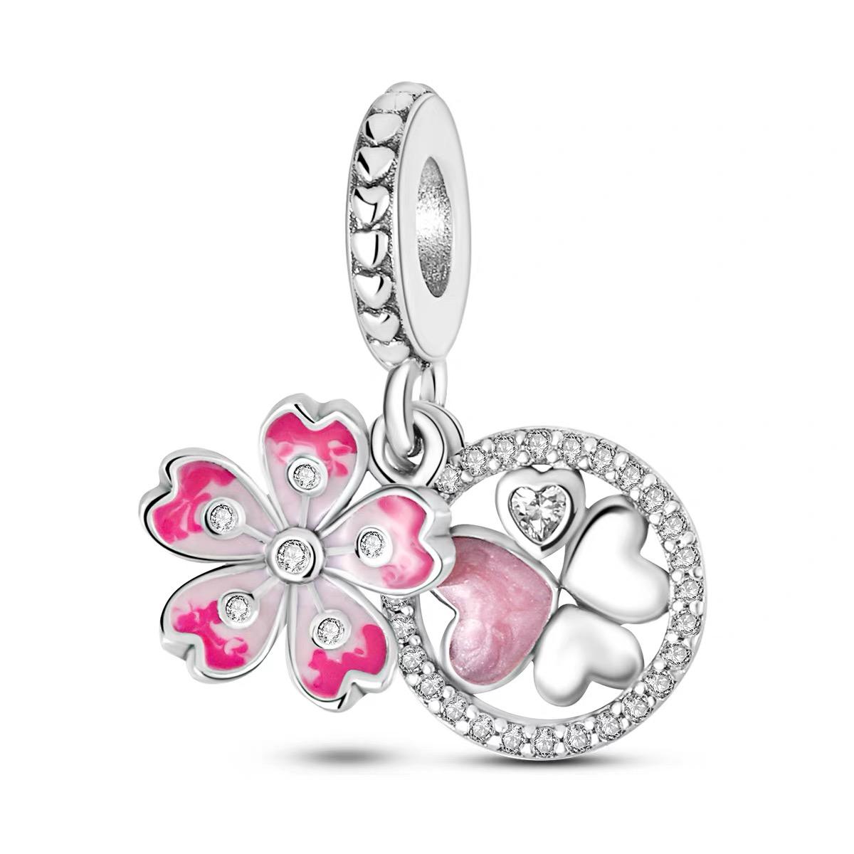 Cherry Blossom & CZ Heart Circle Dangle Charm