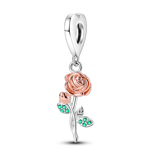 Rose Gold Rose & Emerald CZ Stem Dangle Charm