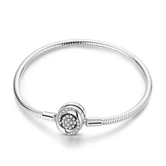 Rose Pavé Clear CZ Clasp Charm Bracelet — polished 925 sterling silver snake chain with round rose-shaped clasp fully pavé-set with clear cubic zirconia